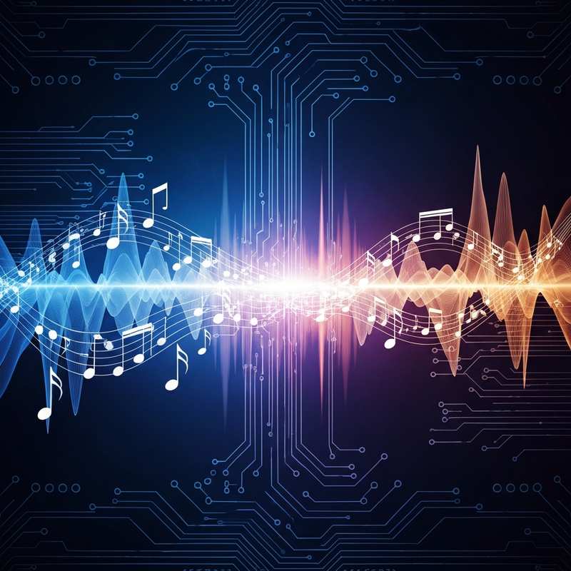 AI creating music, sound waves and circuit board