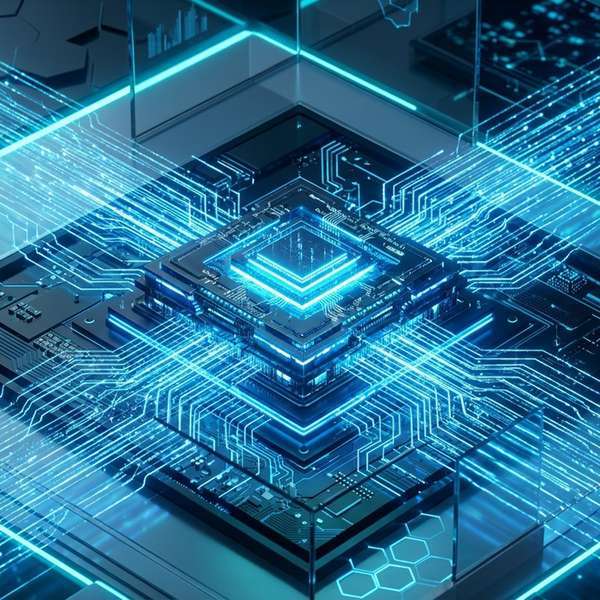 Minh họa chip xử lý tốc độ cao và luồng dữ liệu tính toán thời gian thực