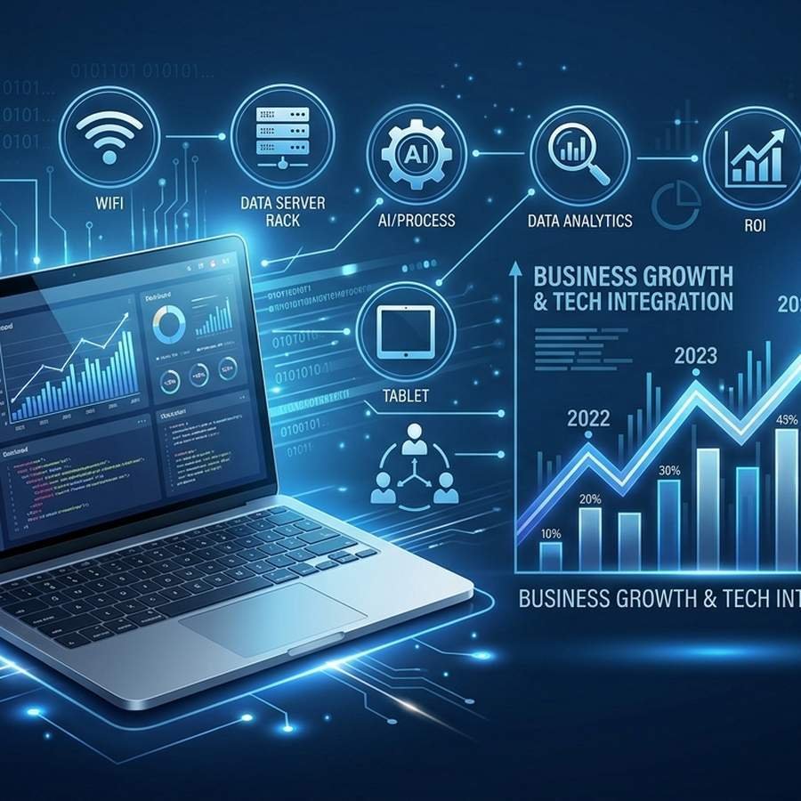 Một hình ảnh nền màu xanh dương đậm với các biểu tượng công nghệ như máy tính, điện thoại và biểu đồ tăng trưởng. Hình ảnh phải thể hiện sự chuyên nghiệp và hiện đại.