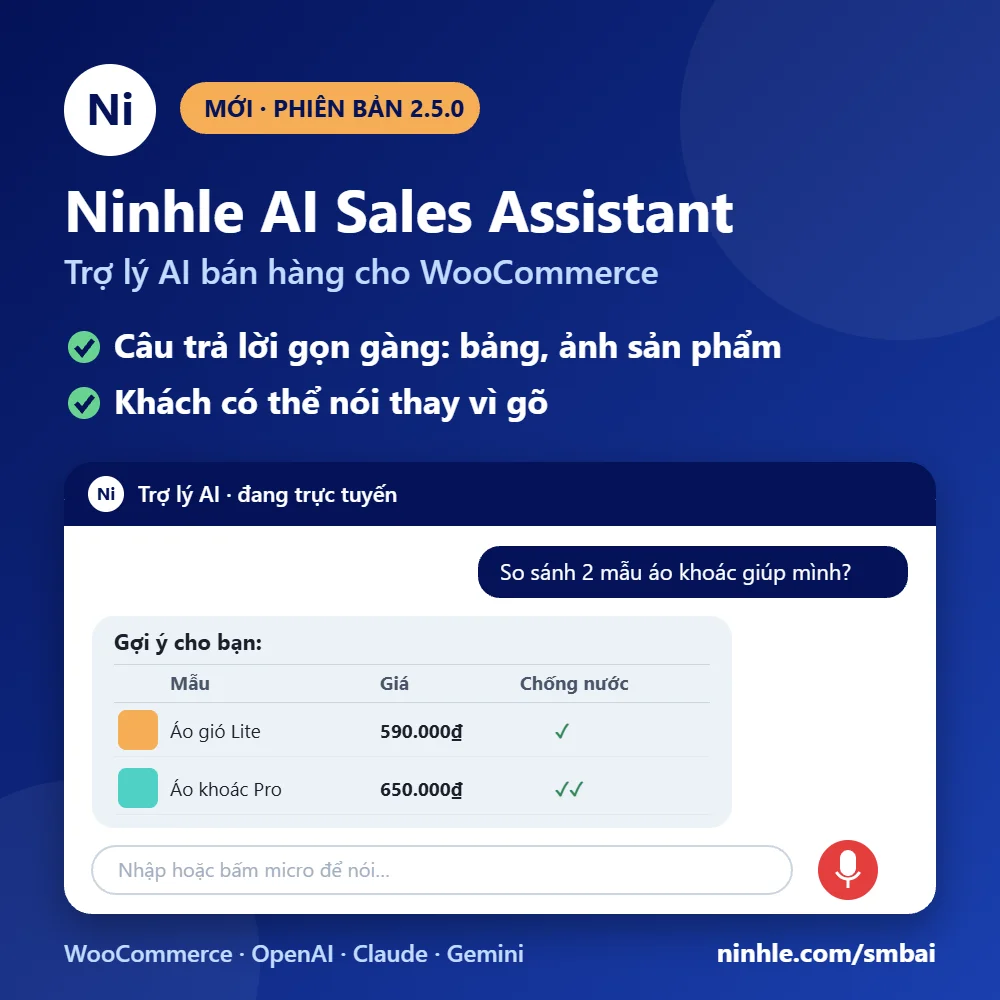 Ninhle AI Sales Assistant 2.5.0: câu trả lời gọn gàng có bảng và ảnh sản phẩm, khách có thể nói thay vì gõ (WooCommerce AI chatbot)