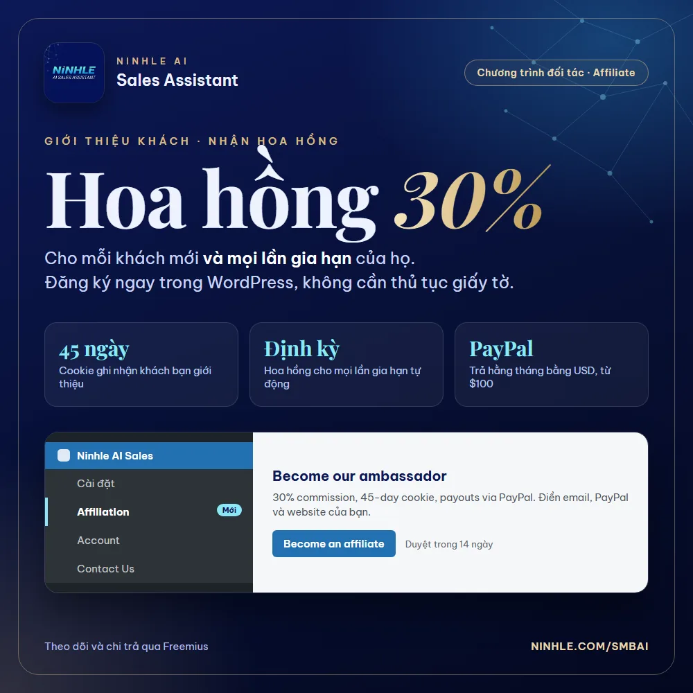 Chương trình đối tác Ninhle AI Sales Assistant: hoa hồng 30% cho khách mới và mọi lần gia hạn, cookie 45 ngày, trả qua PayPal, đăng ký trong WordPress tại Ninhle AI Sales → Affiliation