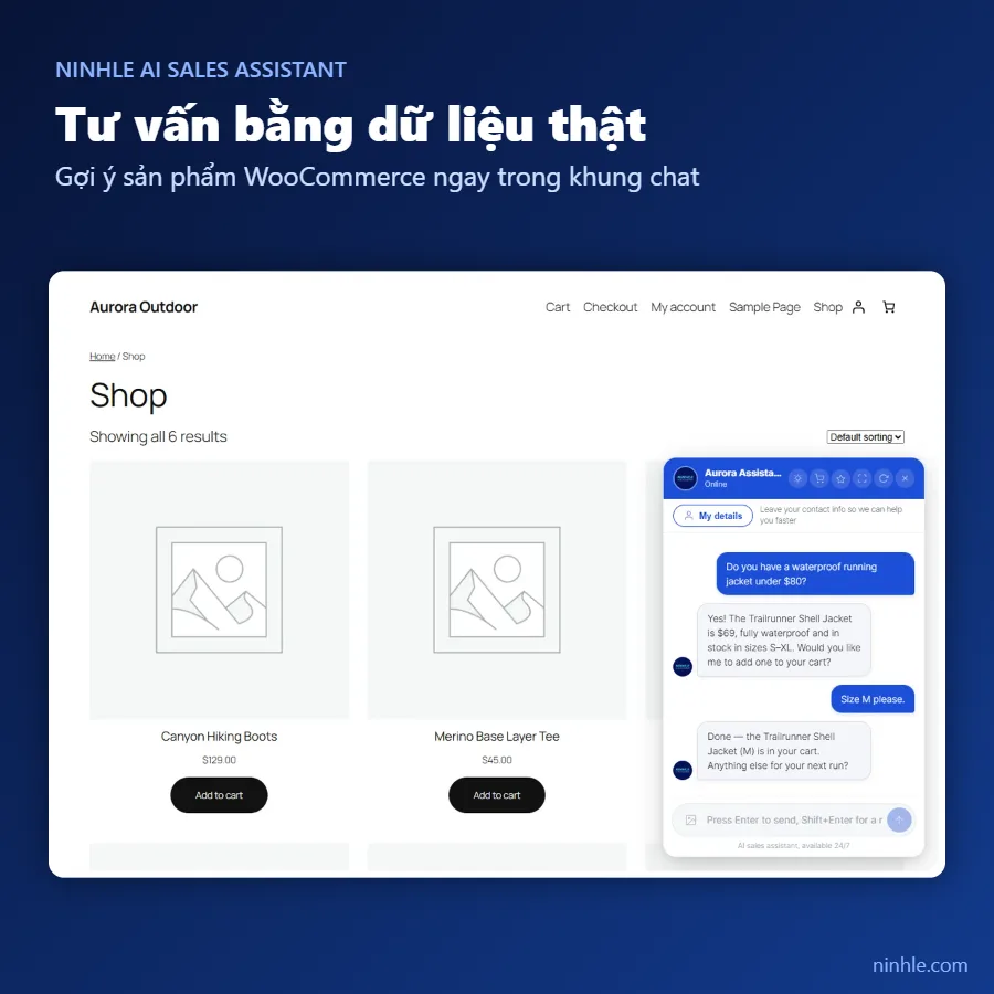 Khung chat Ninhle AI Sales Assistant tư vấn áo khoác chống nước và thêm vào giỏ hàng trên cửa hàng WooCommerce