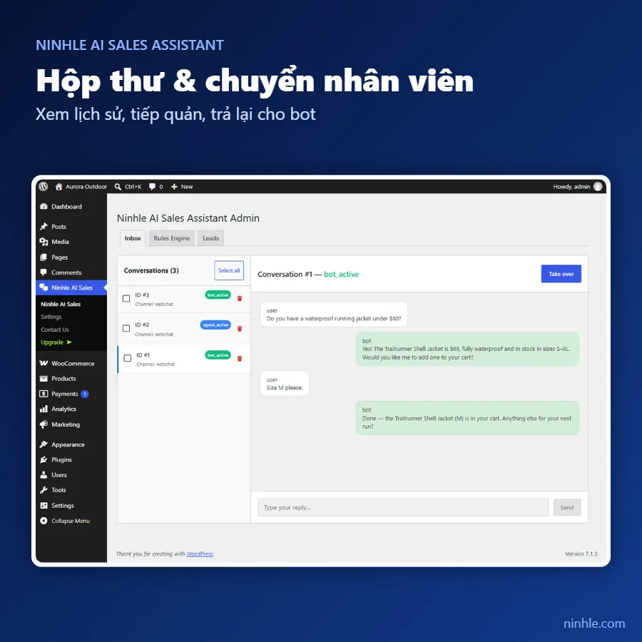 Hộp thư hội thoại Ninhle AI Sales Assistant với nút Take over để nhân viên tiếp quản cuộc trò chuyện từ trợ lý AI