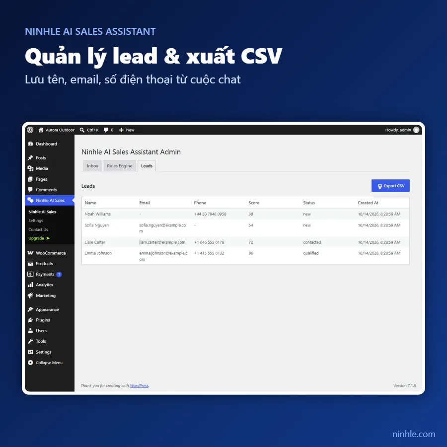 Trang quản lý lead của Ninhle AI Sales Assistant với tên, email, số điện thoại, trạng thái và nút xuất CSV