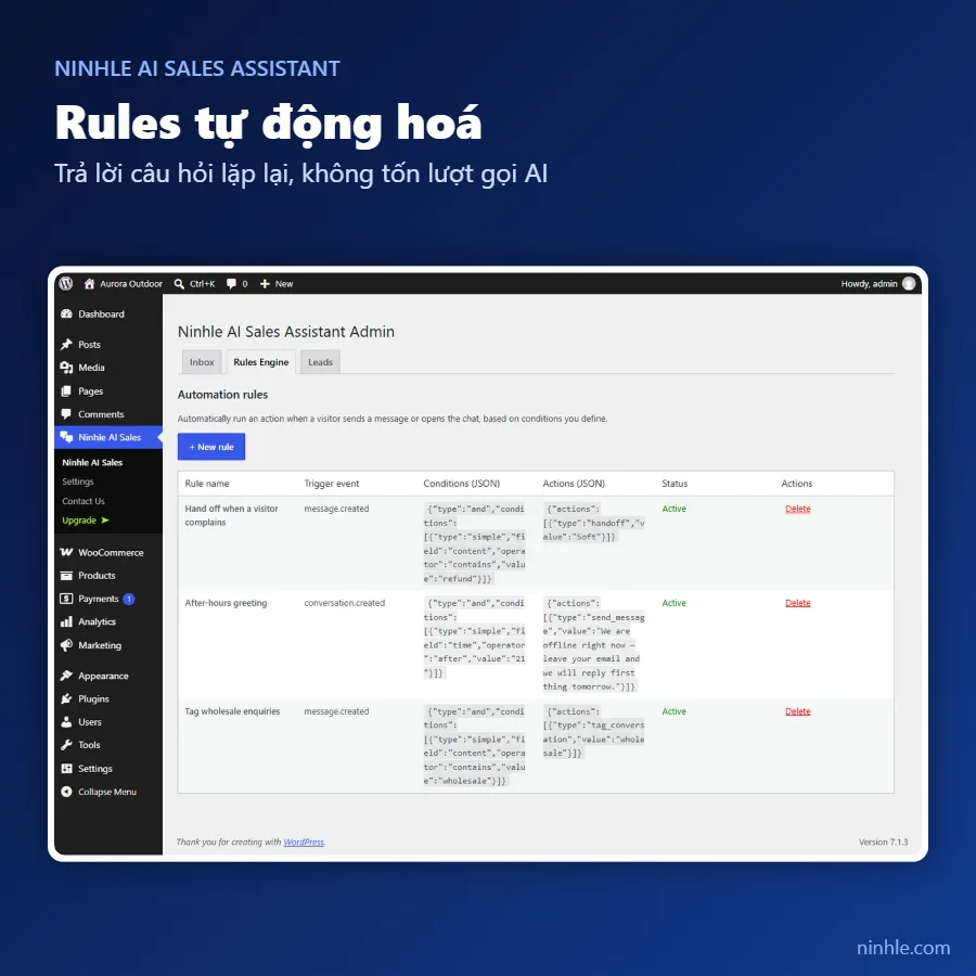 Màn hình Rules Engine của Ninhle AI Sales Assistant với các quy tắc chuyển cho nhân viên, chào ngoài giờ và gắn nhãn khách sỉ