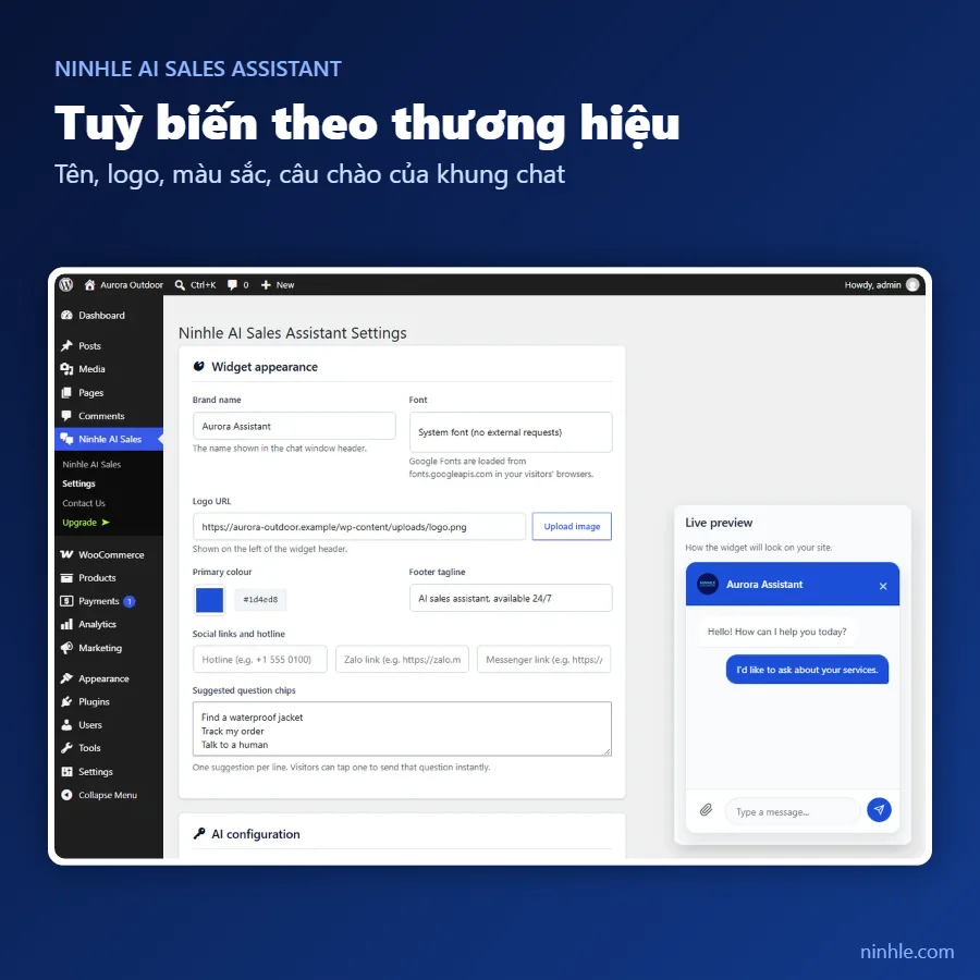 Trang cài đặt giao diện widget chat của Ninhle AI Sales Assistant với tên, logo, màu sắc và bản xem trước