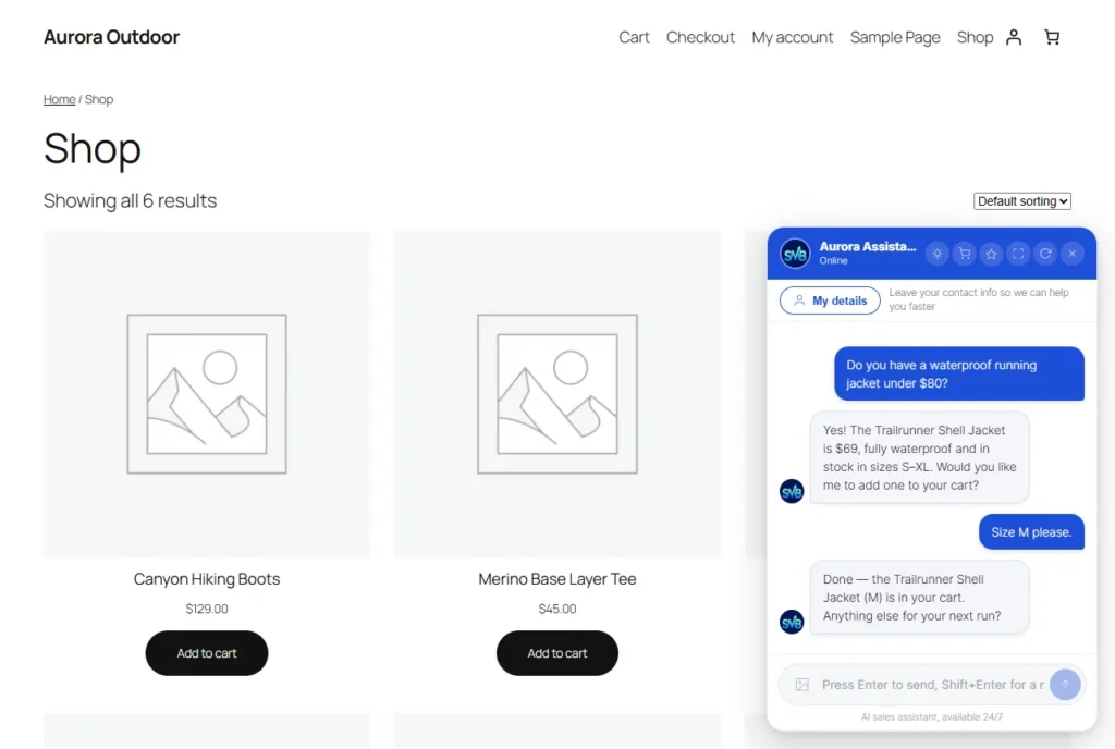 Khung chat SMB AI Sales Assistant tư vấn áo khoác chống nước và thêm vào giỏ hàng trên cửa hàng WooCommerce