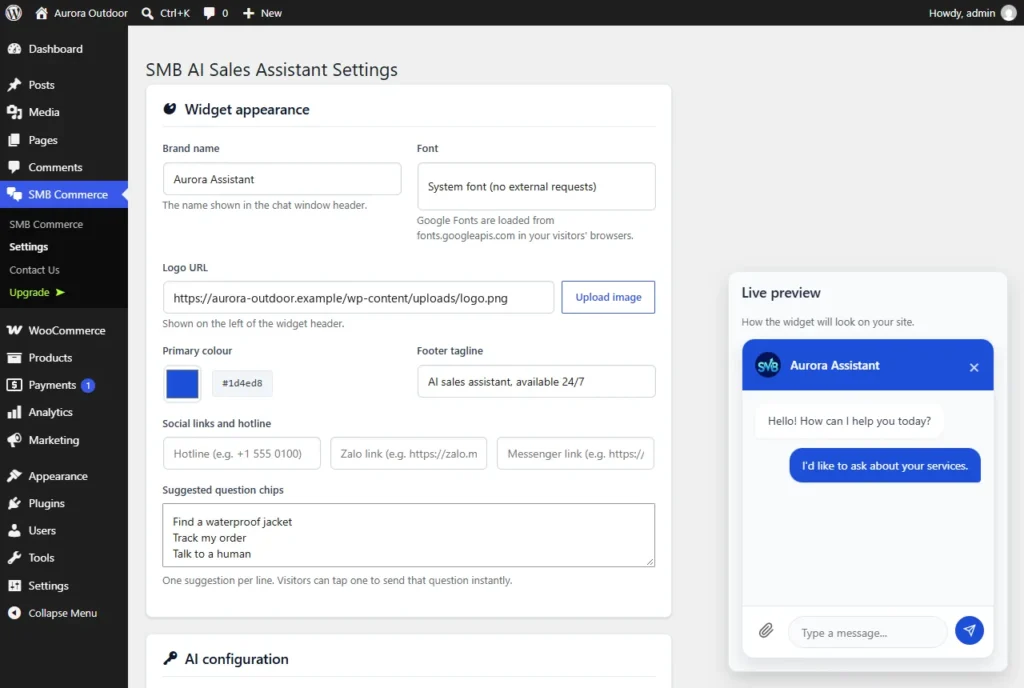 Trang cài đặt giao diện widget chat của SMB AI Sales Assistant với tên, logo, màu sắc và bản xem trước